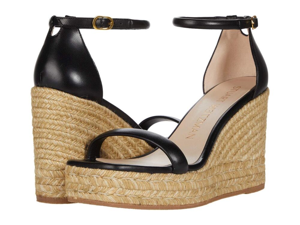 Stuart Weitzman Nudist Espadrille Women's Sandals Wedge Black leather 8 C Wide